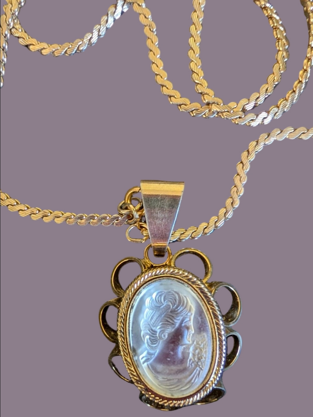 Vintage Cameo Frosted  Pendant Necklace From 1975 Classic Long Chain Jewelry